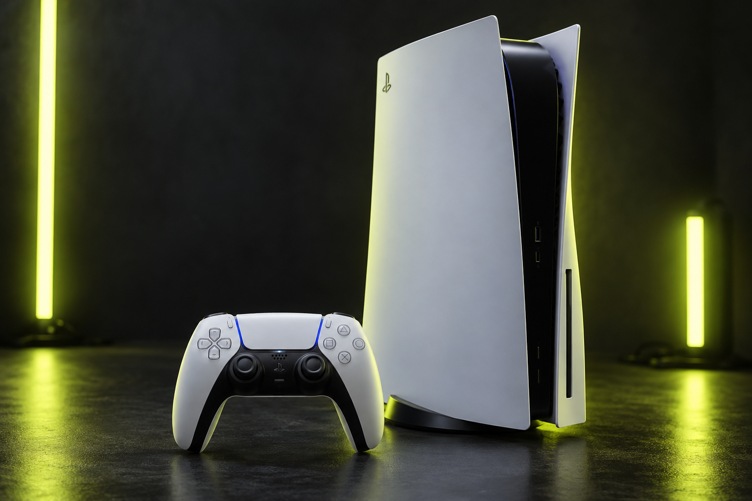 Consola PlayStation 5 y control DualSense con iluminación verde
